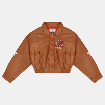 UNISEX BROWN CROPPED LEAGUE BOMBER JACKET